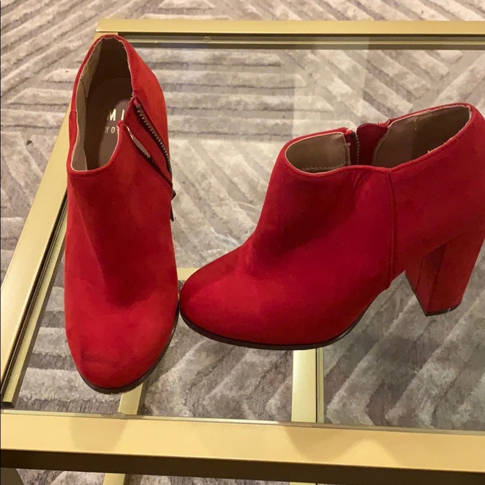 Red booties faux suede